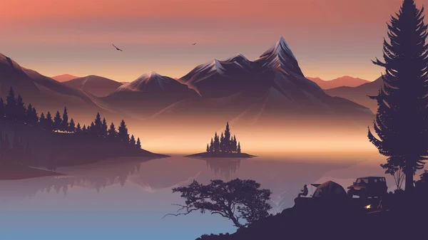午前中に美しい山々と湖の近くの消防キャンプのベクトルイラスト — ストックベクタ