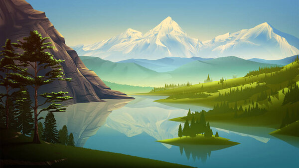 Vector illustration of a lake view with beautiful snow mountains — Stock Illustration Vector Illustration Lake View Beautiful Snow Mountains — Stock Vector