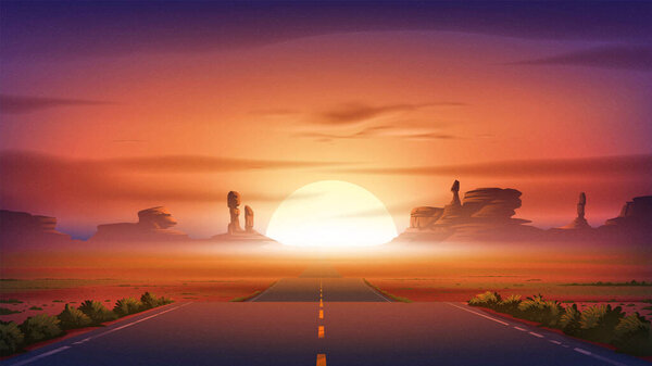 Scenery vector illustration of a state-to-state highway across a desert with a sunset at the canyon — Stock Illustration Scenery Vector Illustration State State Highway Desert Sunset Canyon — Stock Vector