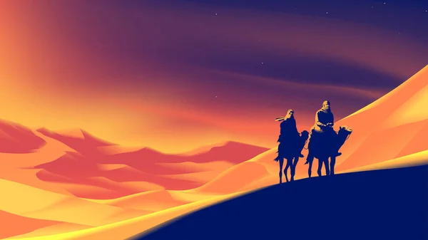 Wüstenvektorillustration Eines Nomaden Durchquert Eine Wüste Mit Sonnenuntergangsstimmung — Stockvektor