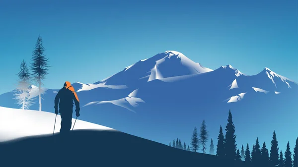 Scenery Vector Illustration Skier Walking Snow Slope Beautiful Mountain Background — Stock Vector