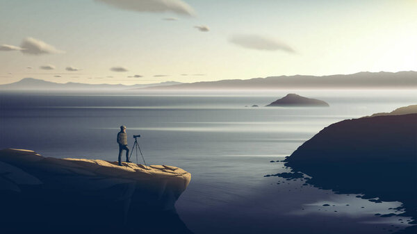 A photographer is patiently taking a photo of the beautiful sunset on the cliff with a breathtaking background of the vast coastline — Stock Illustration Photographer Patiently Taking Photo Beautiful Sunset Cliff Breathtaking Background Vast — Stock Vector