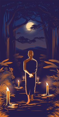 Budizm 'de bir Theravada rahibinin vektör illüstrasyonu, zihnindeki korku tutkusundan kurtulmak için geceleyin ormanda hareket metotlarıyla meditasyon yapmaktır.