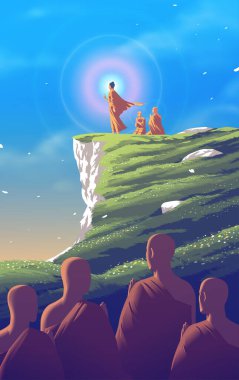 Lord Buddha 'nın Sariputta ve Moggallana ile birlikte bir uçurumda durup ışık halkası yaymasının Theravada Budizmi' ndeki vektör çizimi.