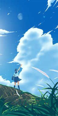 Japon liseli bir kızın parlak mavi gökyüzünün altında ay ışığıyla el salladığı bir akıllı telefon duvar kağıdı için anime tarzında vektör çizimi