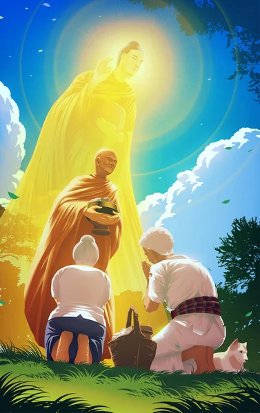 Векторна Ілюстрація Буддизмі Тхеравади Монаха Дає Благословення Літньому Чоловікові Старенькій — стоковий вектор