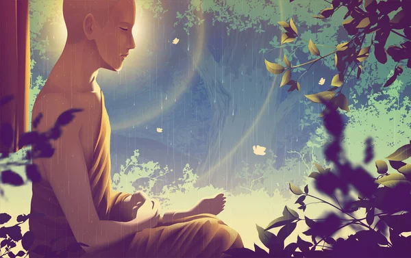 テラバダのベクトル図男性僧侶の仏教は彼の瞑想で宇宙の高貴な真実を見ています — ストックベクタ