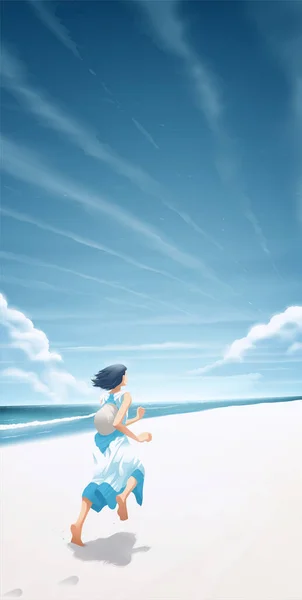 Vector Illustration Anime Style Young Woman Running White Sand Beach — Image vectorielle