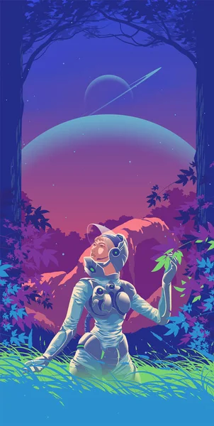 宇宙服の女性のベクトル図のSfは未知の惑星の神秘的な森を探検しています — ストックベクタ