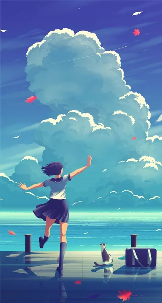 日本の女子高生のアニメ風のベクトルイラストが大きな雲が立ち並ぶ青空を背景に 波止場で野良猫の舞を披露しています ストックイラスト