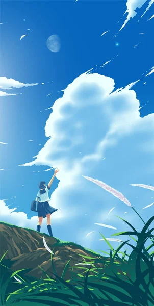 日本の高校生が月と青空の下で丘の上に手を振っている様子をアニメ風に描いたベクターイラスト ストックベクター