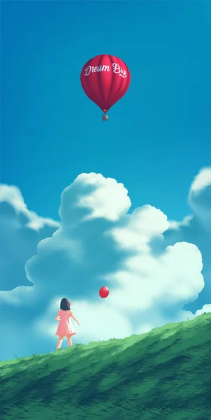 赤い風船を持って空に浮かぶ赤い風船に大きなガスの風船を主演させた女の子のベクトルイラスト ロイヤリティフリーのストックイラスト