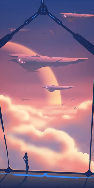 女性のベクトル図のSfは雲の海 宇宙船の廊下を飛ぶ軍隊の艦隊を観察しています ベクターグラフィックス