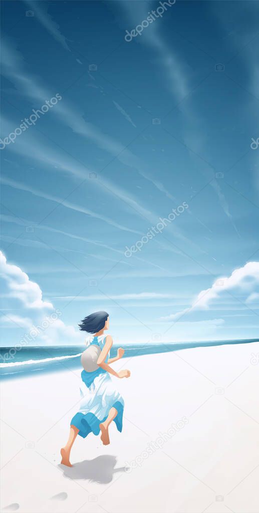 vector illustration in an anime style of a young woman running on a white sand beach with the background of a beautiful blue sky and clouds