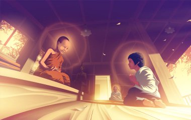 Kutsal bir rahibe, vaaz salonunda küçük bir rahibeyle birlikte Dharma 'ya vaaz veriyor..