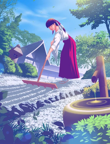 Ung Kvinnlig Arbetare Templet Krattar Gruset Zen Trädgård — Stock vektor