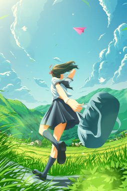 a Japanese school girl running happily home in the countryside and noticing the paper plane is floating in the air clipart