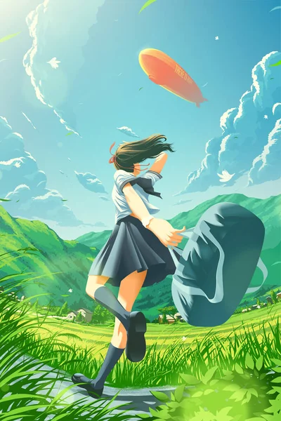 Une Écolière Japonaise Court Joyeusement Maison Dans Campagne Remarque Zeppelin — Image vectorielle
