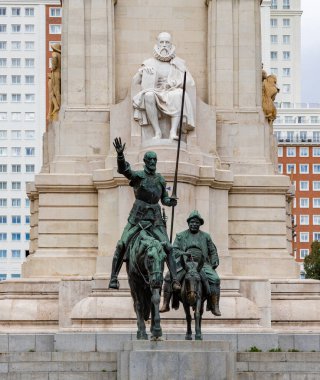 A picture of the Monument to Miguel de Cervantes, also with Don Quijote and Sancho Panza.