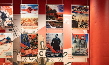 A picture of multiple Soviet propaganda posters from World War 2, taken inside the Museum of the Second World War, in Gdansk.