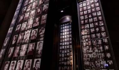 A picture of multiple portraits of Polish victims, taken inside the Museum of the Second World War, in Gdansk.
