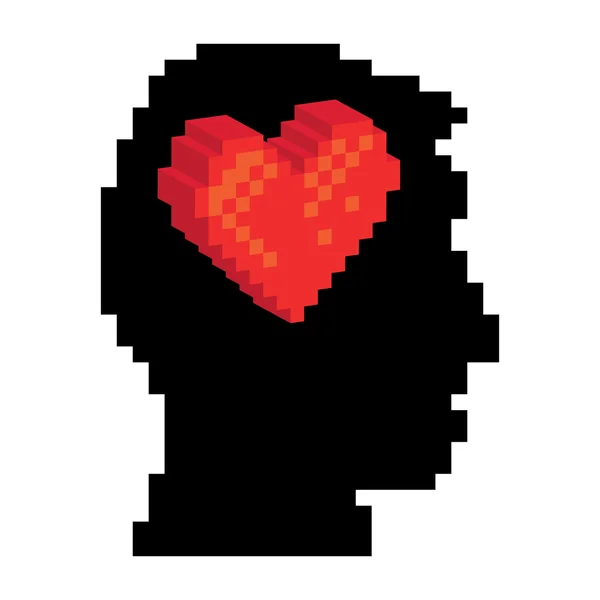 Pixel heart in the pixel head — Stock Vector