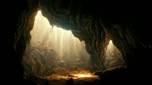 Dramatic light in dark cave landscape, mysterious and surreal, digital art