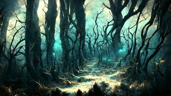 Landscape of haunted forest dark background, fantasy digital illustration, creepy and scary concept