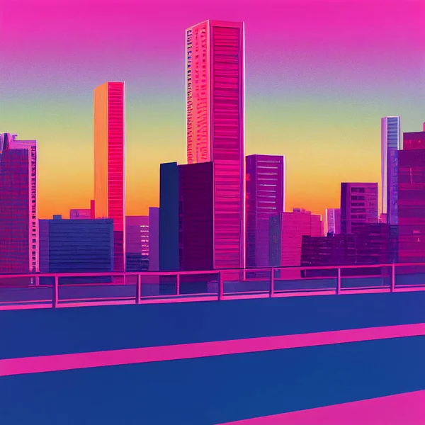 Abstract of cityscape in retrowave city pop style, modern cyberpunk, 3d rendering