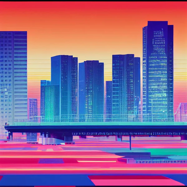 Abstract of cityscape in retrowave city pop style, modern cyberpunk, 3d rendering