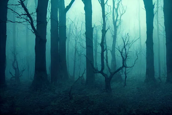 Landscape of haunted mist forest dark background, creepy and scary concept, 3d rendering