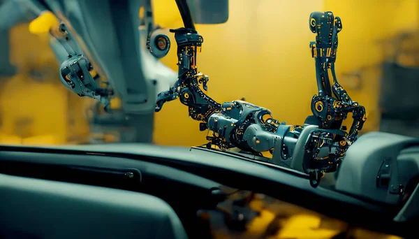 Industrial machine robotic arm automation in car and vehicle factory background, technology concept, digital art illustration
