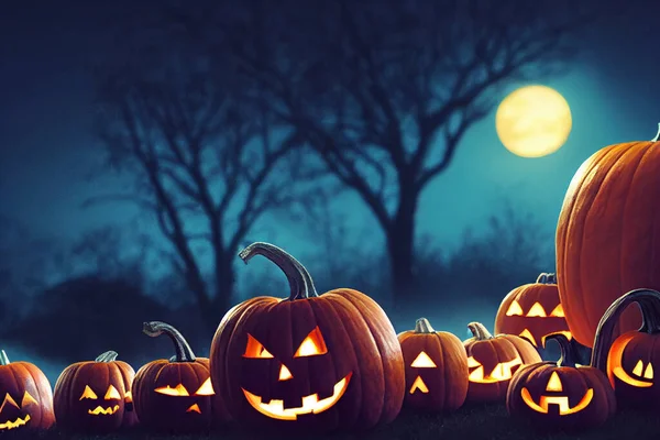 Happy halloween, pumpkins in the dark night creepy trees with moon background, 3d rendering