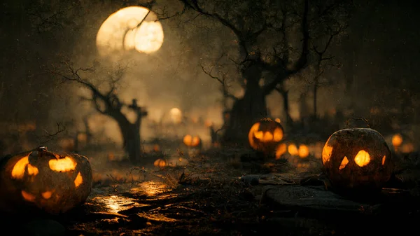 Halloween pumpkin horror in dark tombstones background, creepy and scary concept, digital art design, 3d rendering