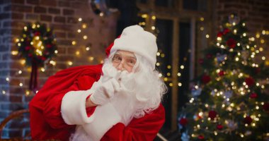 Noel Baba kostümlü mutlu son sınıf öğrencisinin belindeki portre görüntüsü evde vakit geçirirken hediyelerle dolu. Tatil kavramı