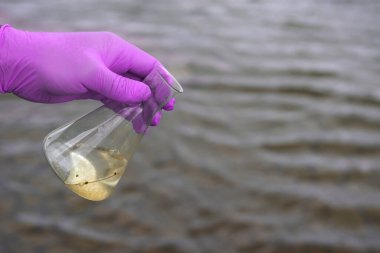 Nehirden bir su örneği. Eldiven takıp test tüpünde su topluyor. ekoloji kavramı