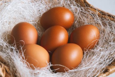 Hasır bir sepette samanla kahverengi tavuk yumurtası