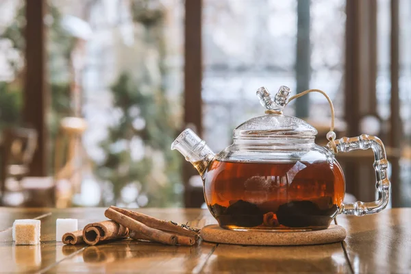 Hot Spiced Tea Cinnamon Glass Teapot Wooden Background — Stock Photo, Image