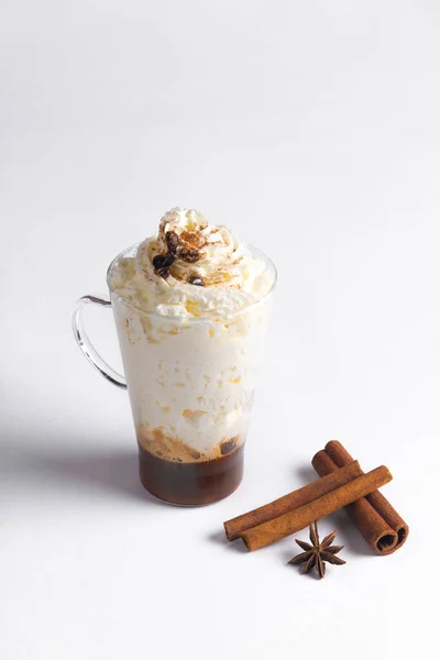 Irish coffee  with cinnamon.cold fresh ice coffee with cinnamon in white background