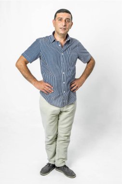 portrait of a funny man on a white background in the studio