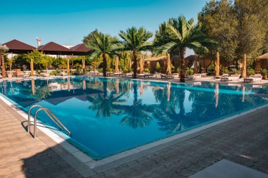 Tropik bir tatil köyünde güneşli yataklı ve palmiye ağaçlı bir otel havuzu. Lüks tropik tatil köyünde yüzme havuzu