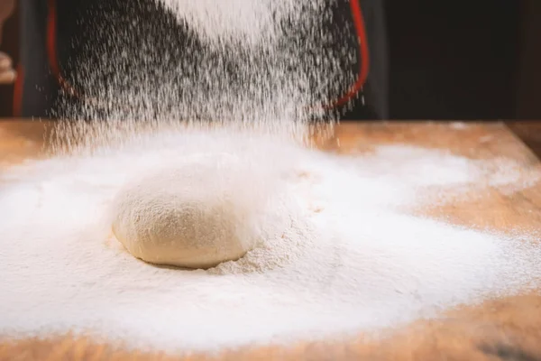 Baker Pours Flour Making Pizza Chef Cooking Dough Bake Cake — Stock Photo, Image