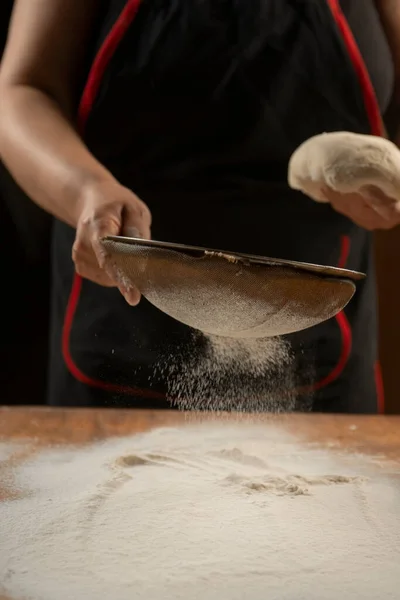 Baker Pours Flour Making Pizza Chef Cooking Dough Bake Cake — Stock Photo, Image