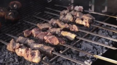 Cooking Fresh pork on skewers on charcoal