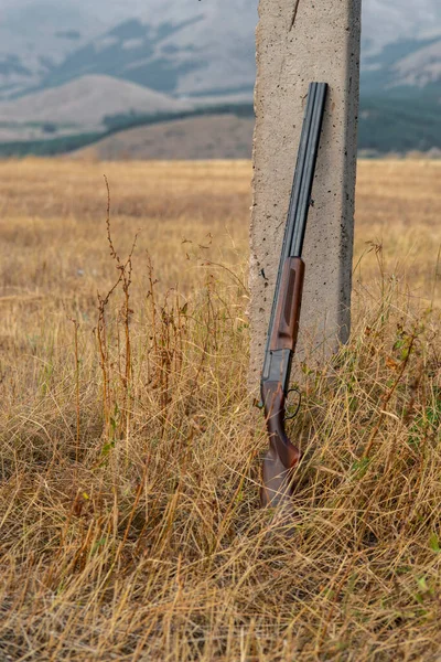 Double Barreled Shotgun Cartridges Leaning Pole Hunting Concept — Stock Photo, Image