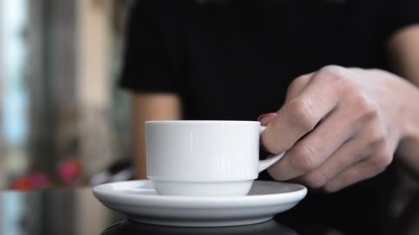 Woman Drinking Cup Coffee Cafe Veranda — Stock Video