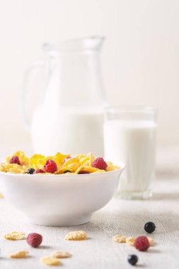 Mısır gevreği, yabanmersini ve ahududu ile sağlıklı bir kahvaltı. Sağlıklı mısır gevreği, süt ve dutlu bir kase. Lezzetli mısır gevrekleri. Meyveli yulaf ezmesi. Diyet kavramı.