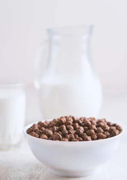 Breakfast Chocolate Balls Fresh Cows Milk Selective Focus — Stock Photo, Image