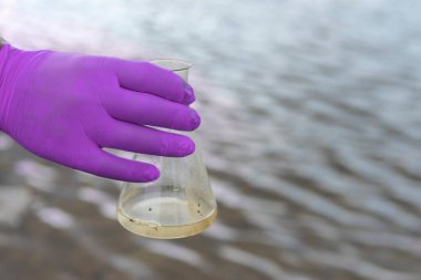 Nehirden bir su örneği. Eldiven takıp test tüpünde su topluyor. ekoloji kavramı