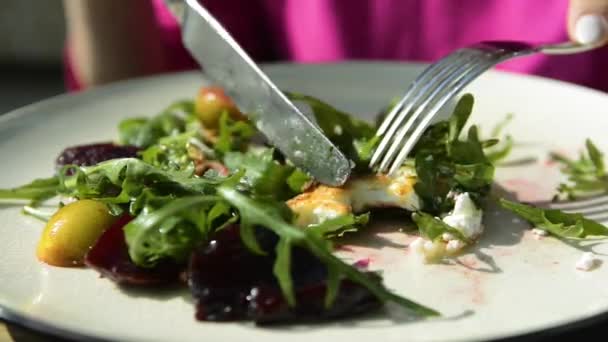 Woman Eats Salad Chicken Breast — Stockvideo